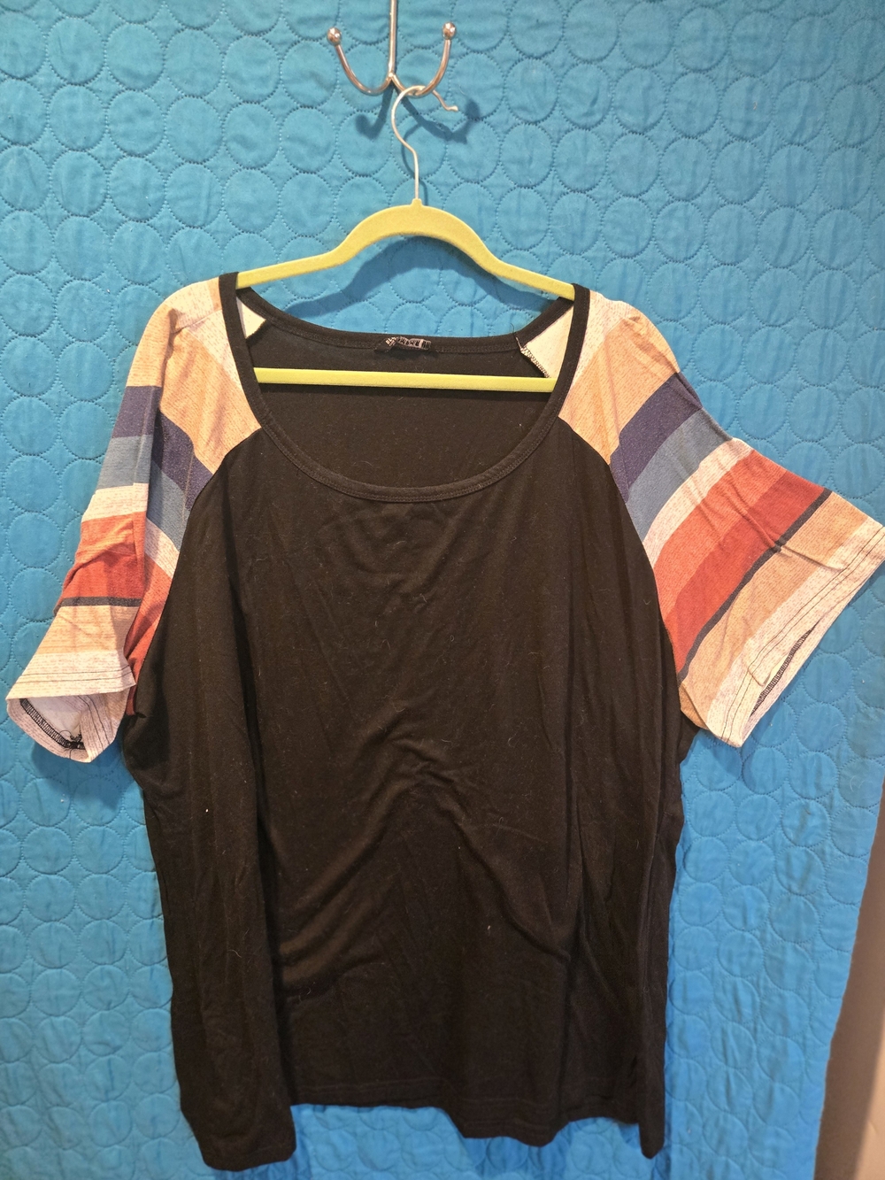 BloomChic Black Tee with Multicolor Striped Raglan Sleeves